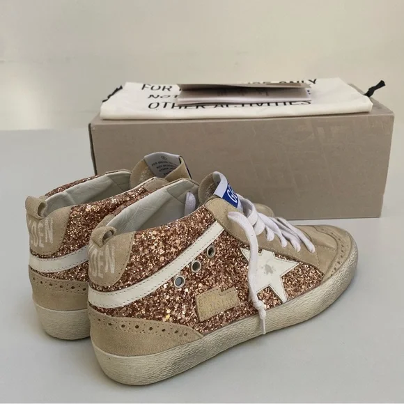 Golden Goose Mid Star Sneaker Rose Gold Glitter/Beige Leather/Suede 39 New Box - Picture 13 of 15
